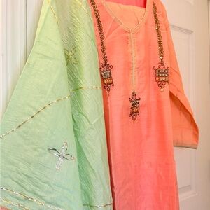 Women salwar kameez set Peach and Green Embroidered Kurta Set